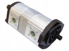 Imagem 0510665081 Bomba de engrenagem hidráulica dupla Bosch Rexroth 16+8 cc/rev com eixo estriado 9 dentes