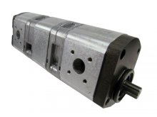 Imagem 0510565432 Bomba de engrenagem hidráulica tripla Bosch Rexroth 14+4+11 cc/rev com eixo estriado 9 dentes